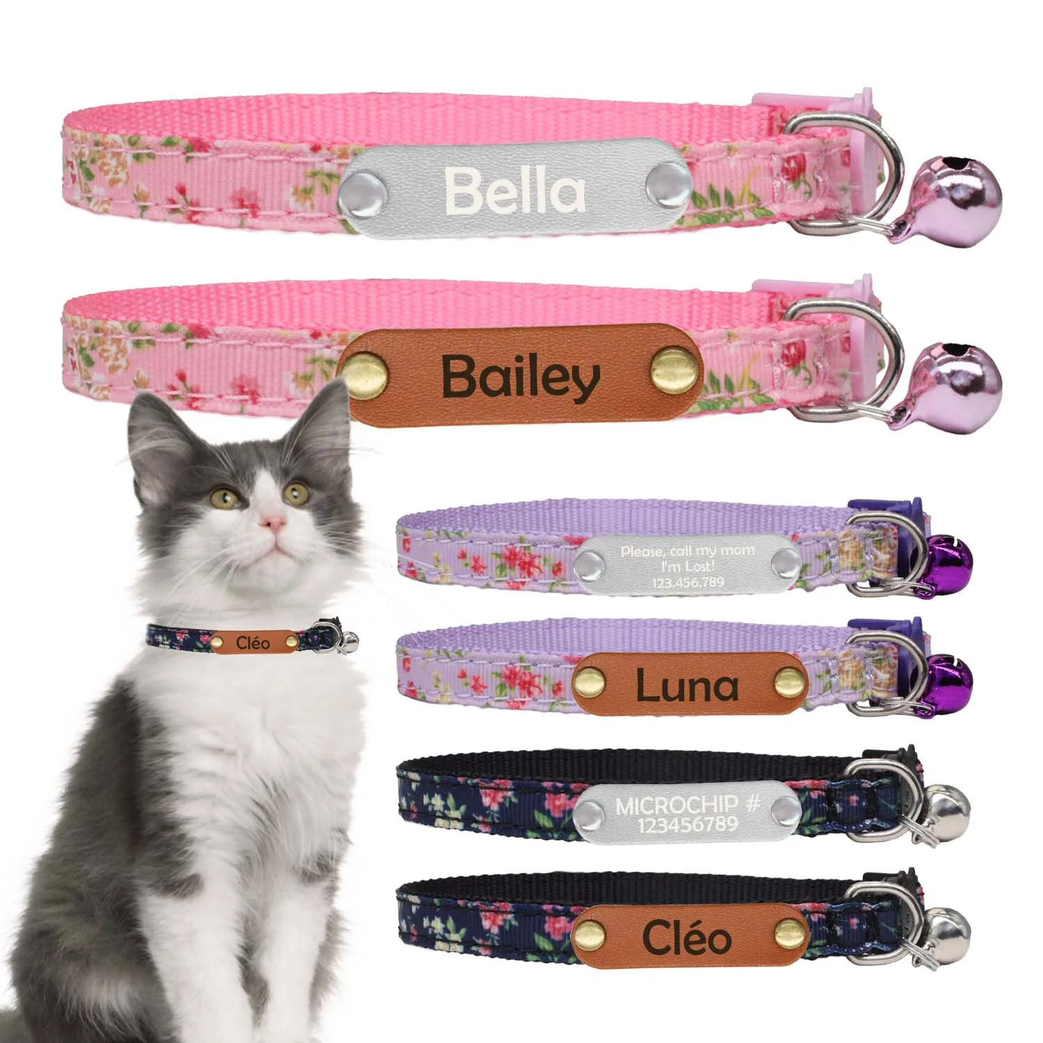 Collar de gato floral chino: Collar de gatito ajustable con etiqueta de nombre personalizada, hebilla de seguridad y campana, tradicional antipérdida