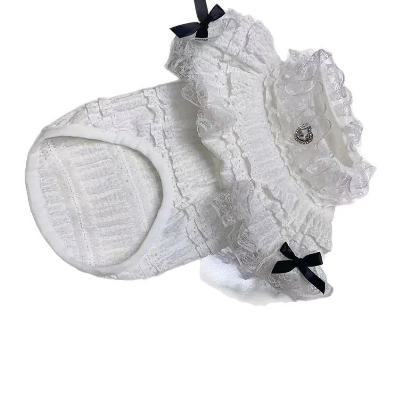 Vestido blanco de princesa para mascotas, camisa de manga de burbuja con cuello alto de encaje para mascotas, camiseta con lazo ahuecado, ropa de verano para perros y cachorros - imagen 5