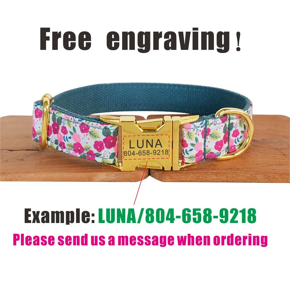 Collar de perro personalizado con grabado gratuito, correa para mascotas a juego, hebilla de Metal de contactos personalizados, Collar de perro de flores poco profundas - imagen 4