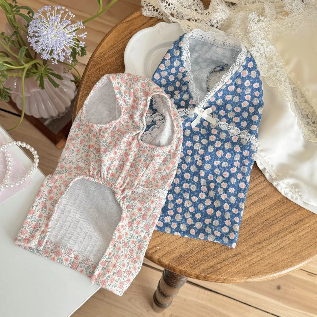 Chaleco Floral de encaje con cuello en V para mascotas, pijamas para perros pequeños y gatos, ropa para el hogar para primavera y otoño, ropa para cachorros pequeños - imagen 4