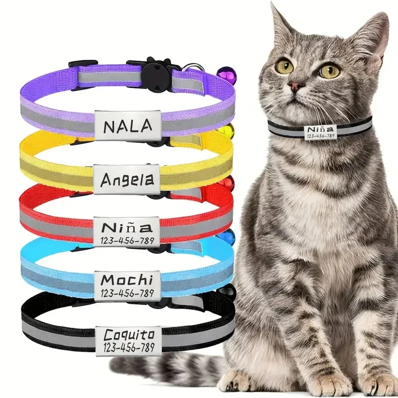 Cinturón de seguridad reflectante para gatos, Collar con hebilla, etiqueta de identificación personalizada ajustable, Collar de nailon para cachorros y gatitos, antipérdida