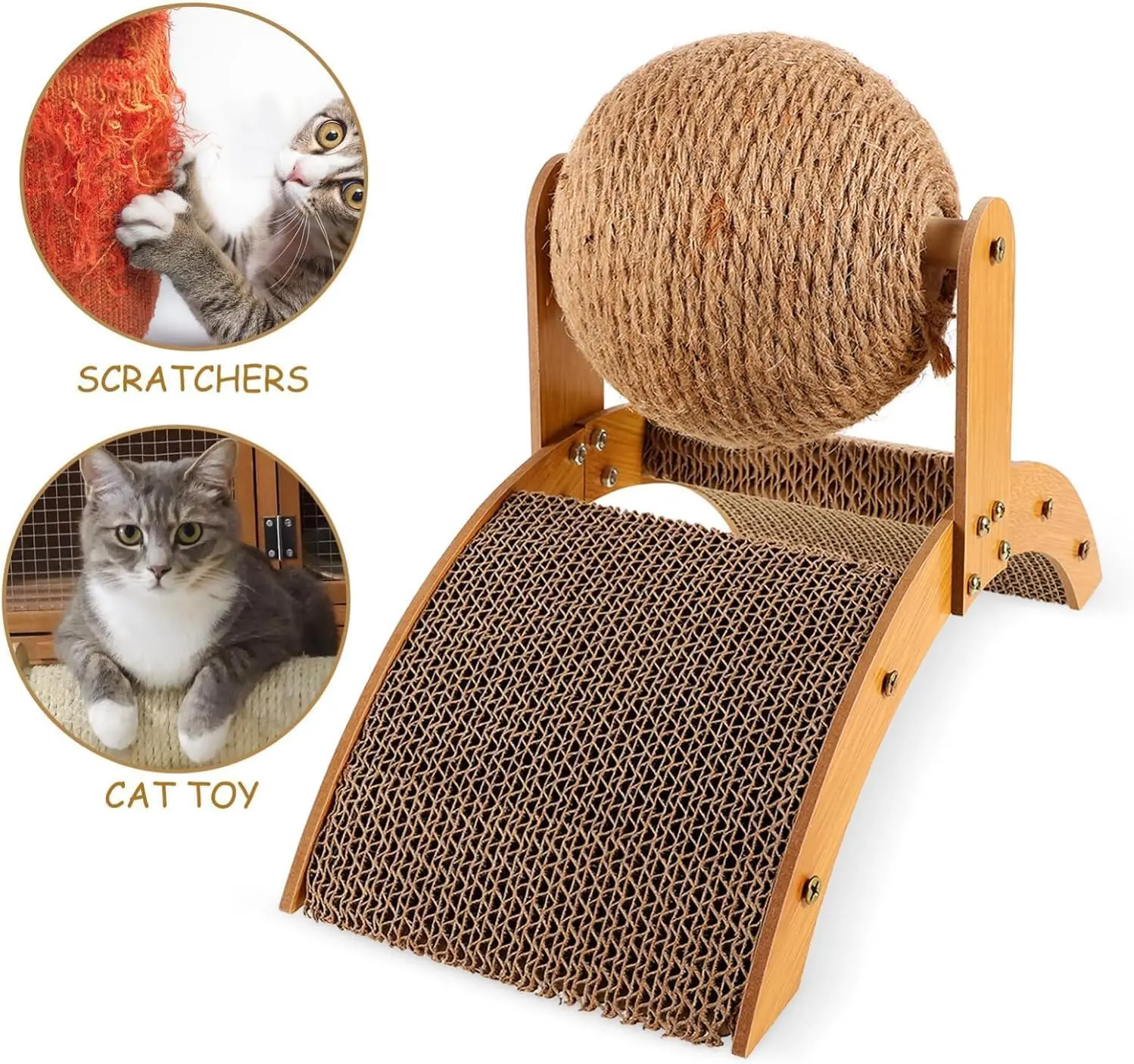 Rascador sisal para gatos de madera maciza con bola - imagen 2