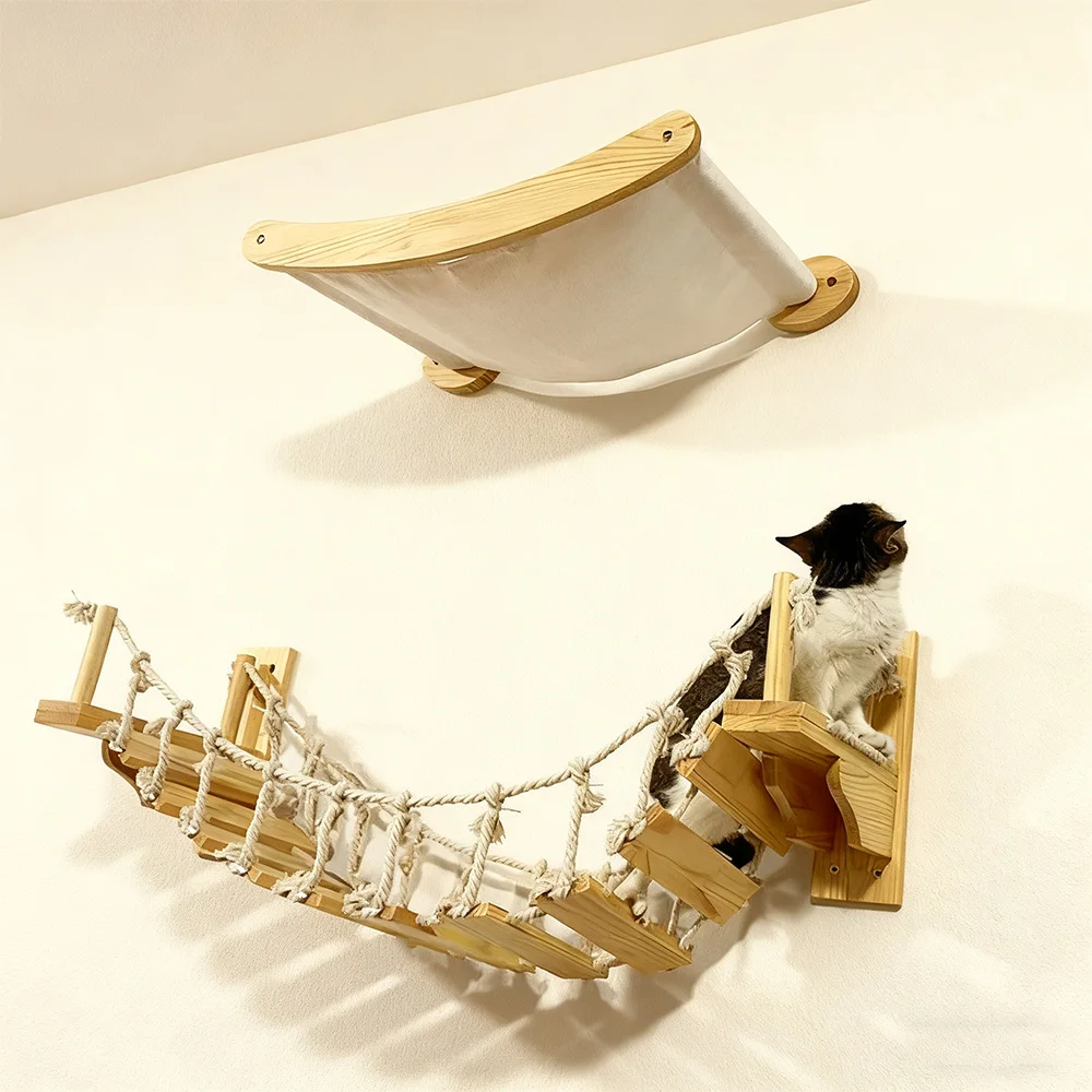 Centro de actividades para gatos montado en la pared, estantes de madera para gatos con escalones para rascar y hamaca colgante para gatos, muebles de pared para escalar - imagen 2