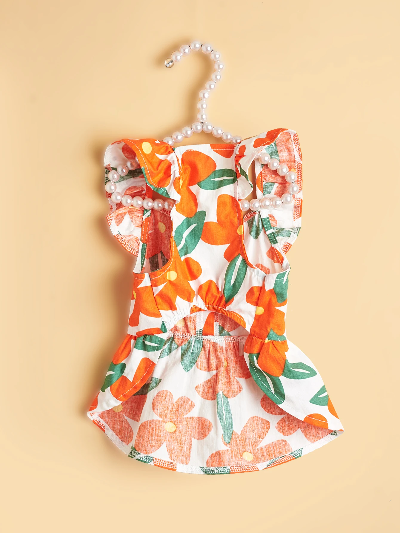 Vestido de verano para perro, estampado Floral naranja con hojas verdes, mangas con volantes, falda bonita para cachorro, ropa para mascotas pequeñas, vestidos - imagen 2