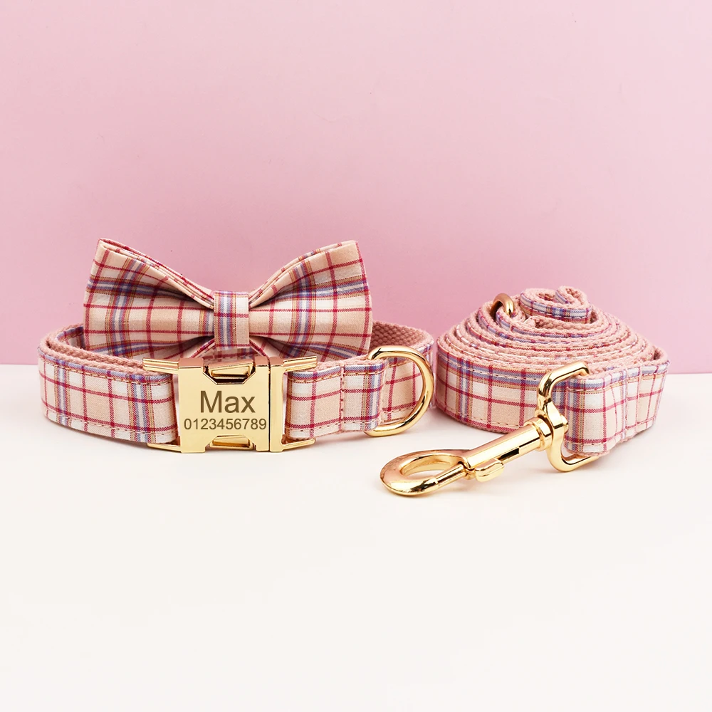 Juego de Collar y correa para perro a cuadros, placa con nombre grabada personalizada, suministros para mascotas, rejilla de correa para perro - imagen 2