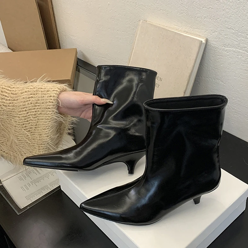 Botines De estilo callejero con punta estrecha para Mujer, zapatos De tacón para vestido De fiesta, tacones bajos finos, Botas cortas modernas, Zapatos De Mujer - imagen 4