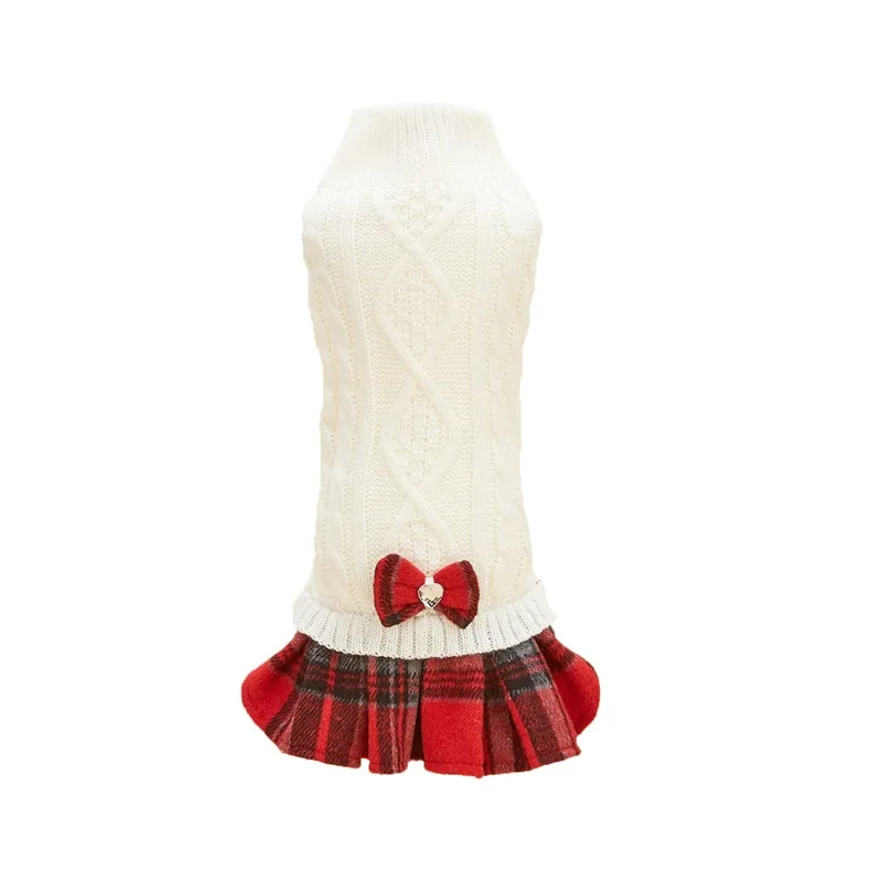 Vestido de piel para mascotas, suéter de punto blanco y gris, falda a cuadros con lazo empalmado, abrigo de lana, ropa de Navidad para perros y cachorros - imagen 5