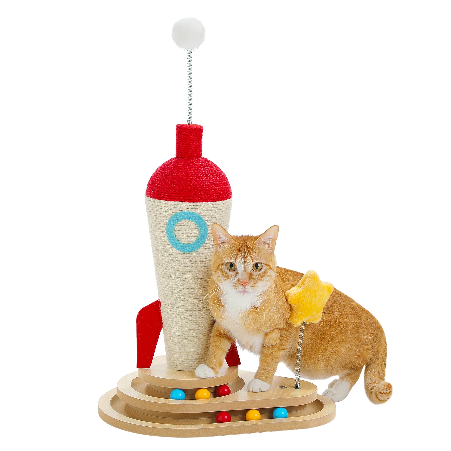 Poste rascador para gatos con pista, juguete de pelota, cohete, rascador para gatos, pequeña torre de árbol para gatos con postes rascadores de Sisal, juguetes interactivos para gatos