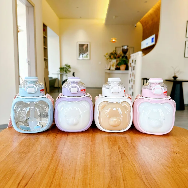 Botella de agua de oso bonito con pajita, botella de dibujos animados Kawaii para niños sin Bpa de gran capacidad de 1000ml para viajes escolares de estudiantes ﻿ - imagen 3