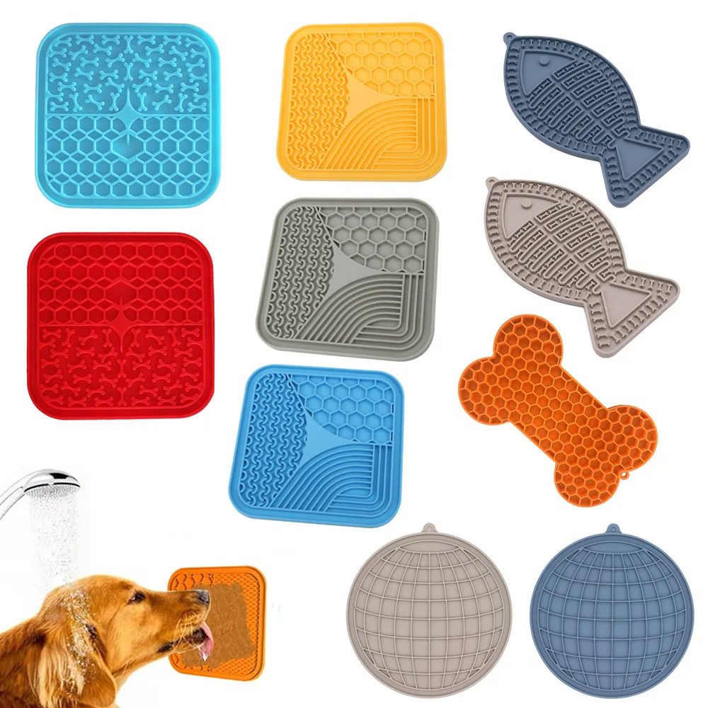 Suministros para mascotas, estera para lamer mascotas de silicona, antiasfixia para gatos con tazón de comida lenta, baño para cachorros, plato para lamer distraído, cubiertos