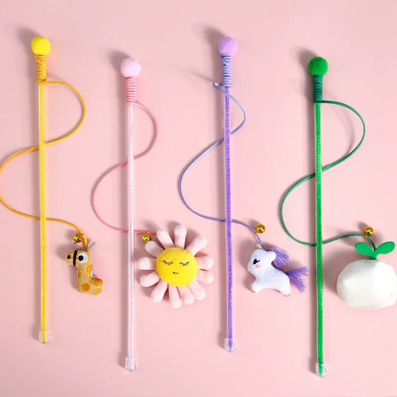 Campana de peluche de dibujos animados para gatos, palo divertido para gatos, gusano de carpintero, sol, flor, brotes de frijol, juguete Vocal interactivo para mascotas, accesorios para gatos, juguetes para mascotas