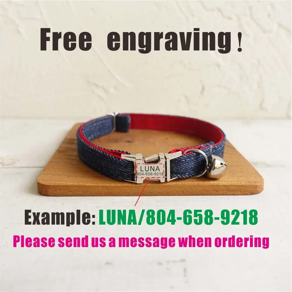 Collar de gato personalizado, contactos de nombre de identificación personalizados, hebilla de metal, collares de gato de fibra vaquera roja ajustables con campana - imagen 4