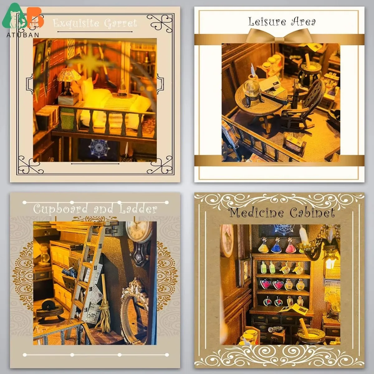 ATUBAN Kit de rincón de libros DIY, libro de casa de muñecas DIY, decoración de inserción de estante de cuaderno de biblioteca, Kit en miniatura de sujetalibros de madera 3D con luz - imagen 4