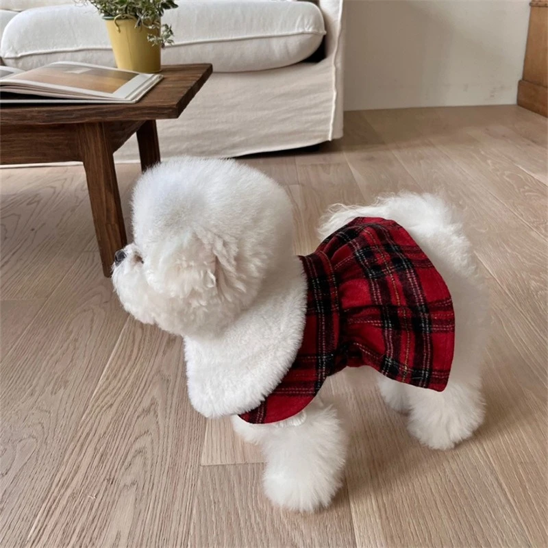 Vestido de Navidad para mascotas, capa de felpa de otoño e invierno, abrigo de lana a cuadros rojo, ropa para perros pequeños, ropa para cachorros - imagen 2