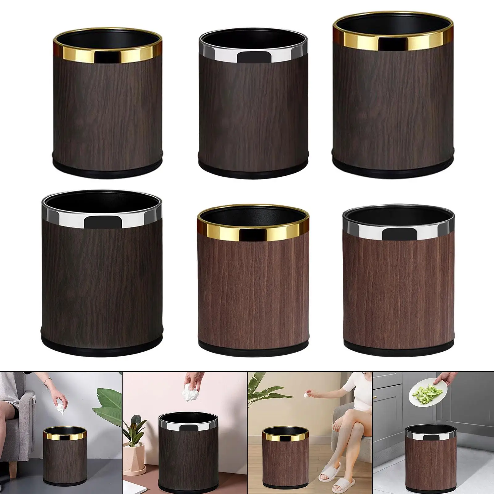 Wood Grain Trash Can Dustbin Modern Simple Lightweight Waste Can Garbage Can for Restroom Dorm Office Living Room Restaurant