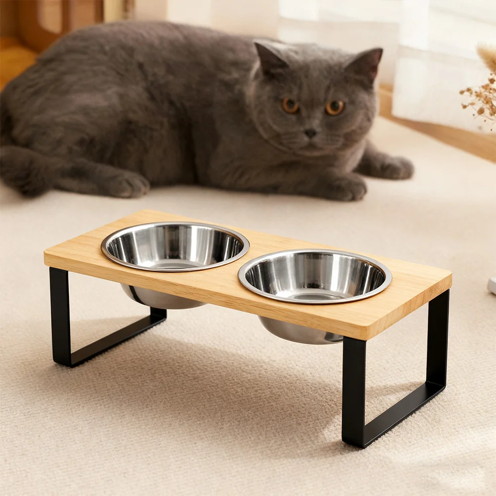 Soporte elevado para cuencos de agua y comida para gatos 15 °   Soporte de madera elevado inclinado con 2 platos de acero inoxidable para gatos y perros pequeños - imagen 5