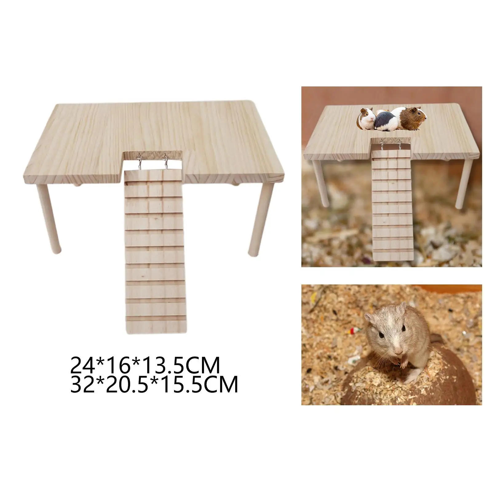 Small Pet Wooden Platform with Ladder Habitat Decor Table with Pillars Wooden Toys for Hamster Gerbil Parrot Squirrel Rat