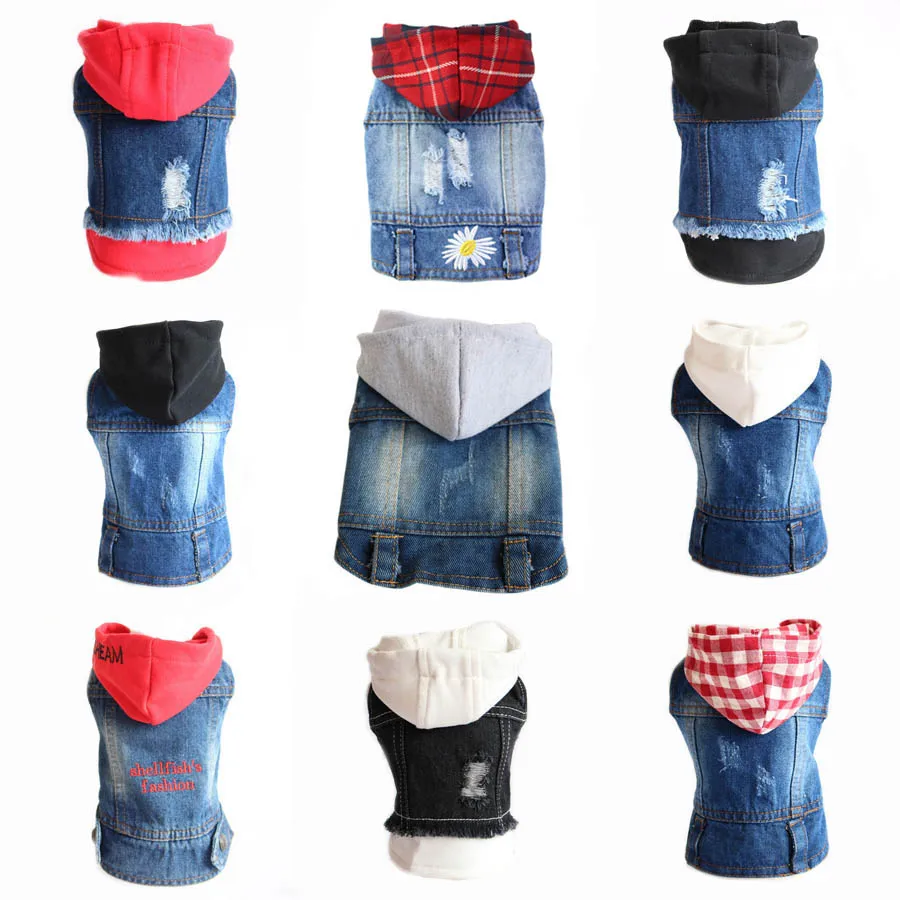 Chaqueta con capucha para mascotas, pantalones vaqueros para perros, ropa para perros de primavera, camisa vaquera fresca a la moda, chaleco para cachorros, abrigo vaquero para gatos para perros pequeños y medianos