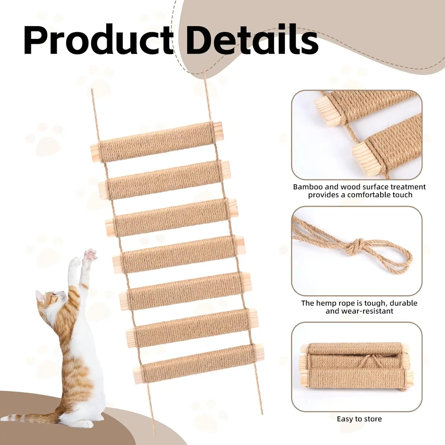Escalera de sisal para gatos – madera maciza resistente hamaca juego - imagen 2