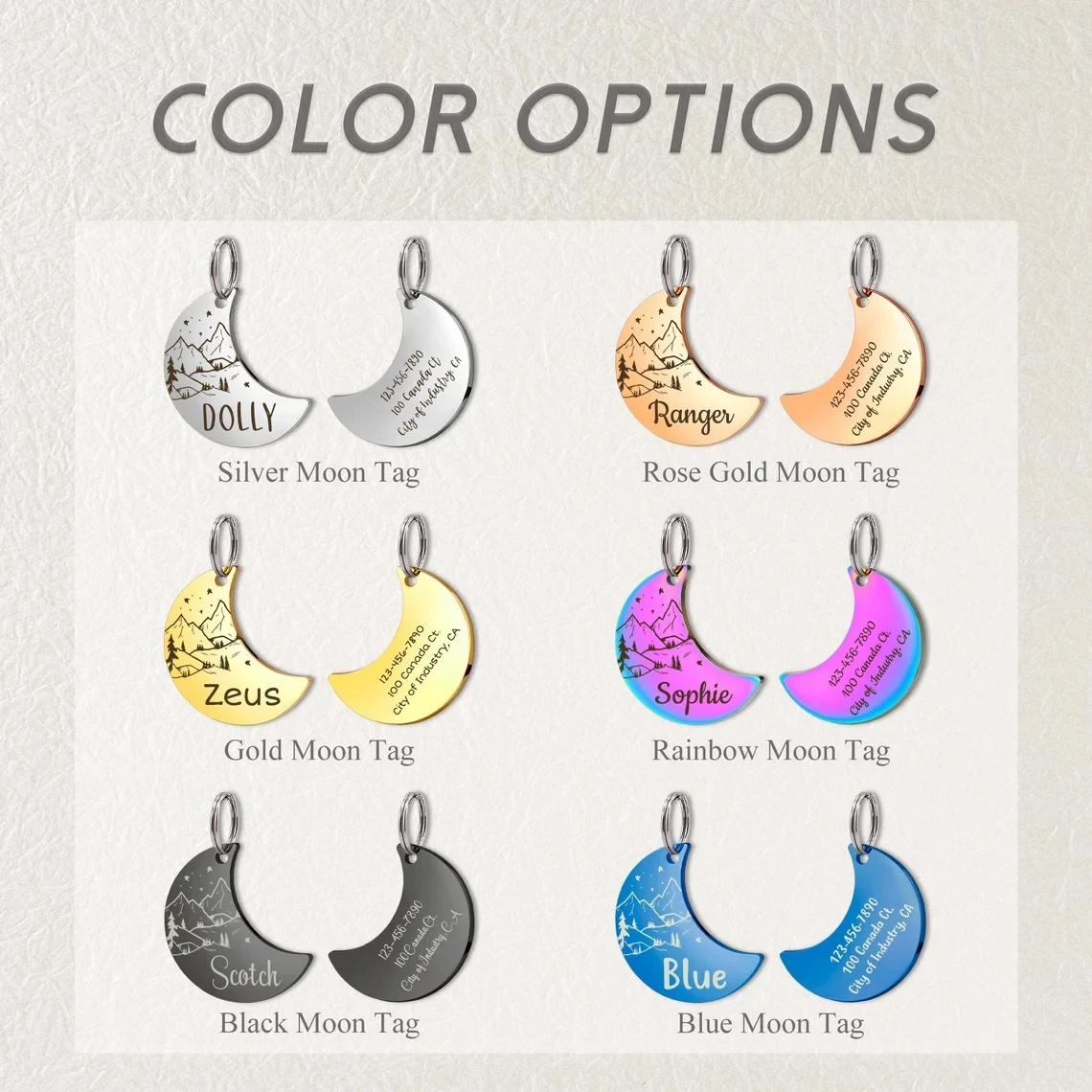 Etiqueta de identificación de perro y gato personalizada gratis, placas de Collar antipérdida para mascotas, accesorios, placa con nombre de Luna de colores grabables, dijes colgantes - imagen 5