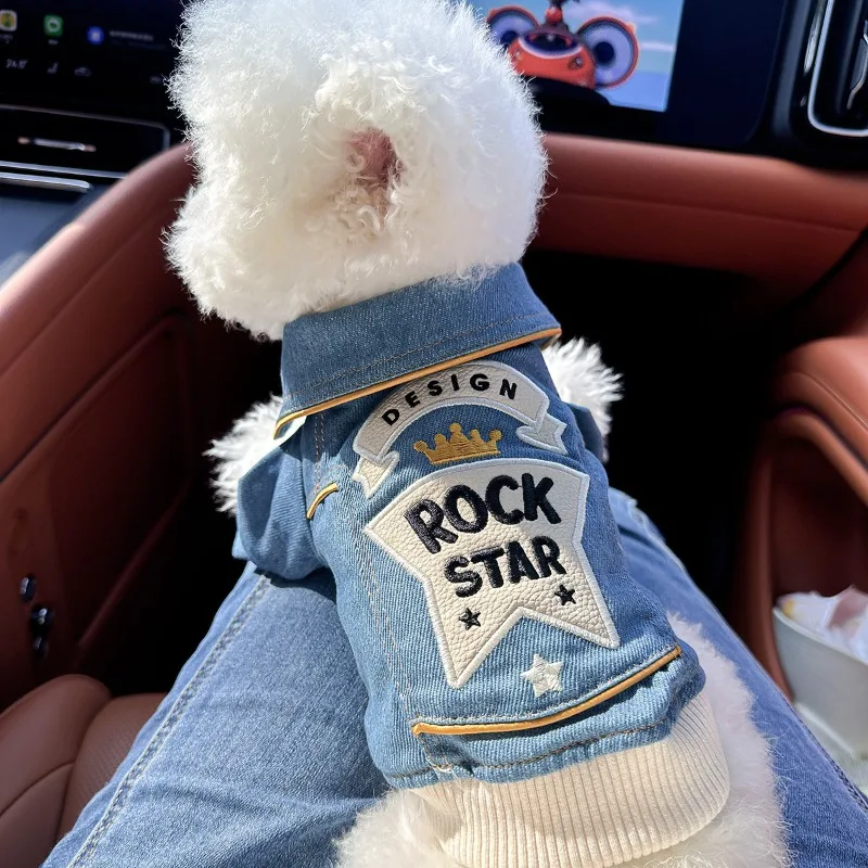 Chaquetas de invierno a la moda para mascotas, chaqueta azul con bordado de roca, ropa para mascotas, ropa para perros y gatos, ropa bonita de tracción para cachorros