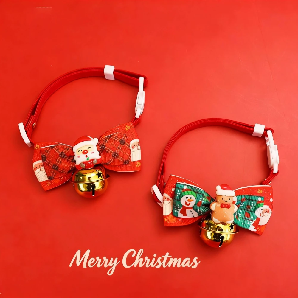 Collar de Navidad con lazo a cuadros y campana para perros y gatos - imagen 4