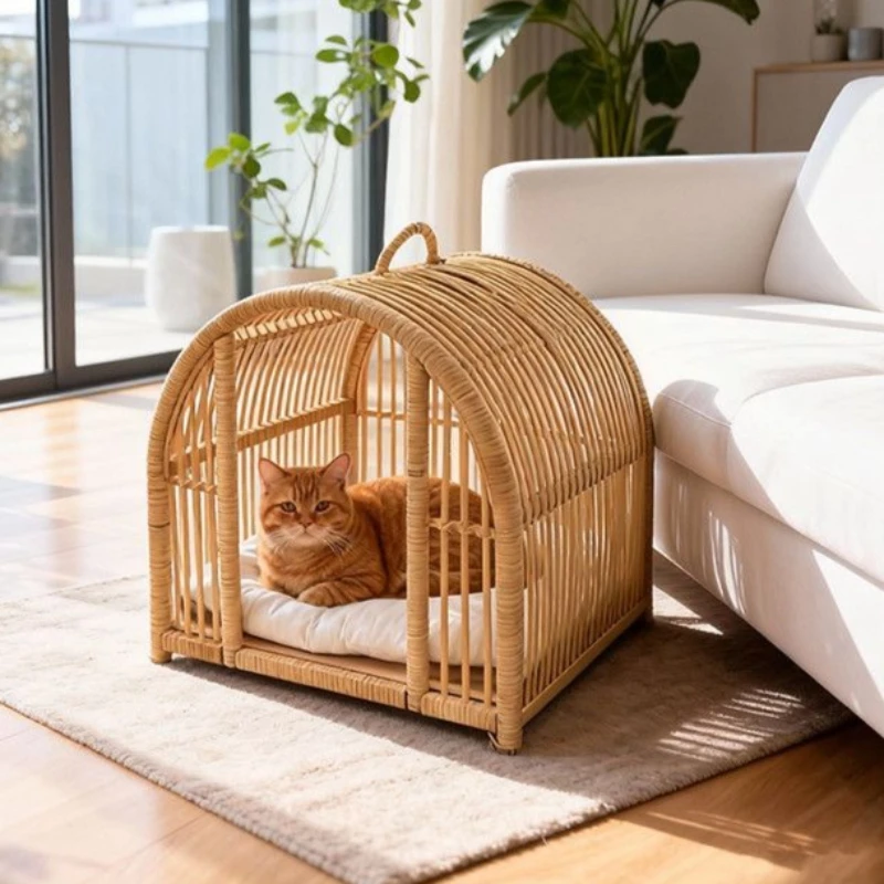 Cama de ratán para perros y gatos tejida a mano transpirable