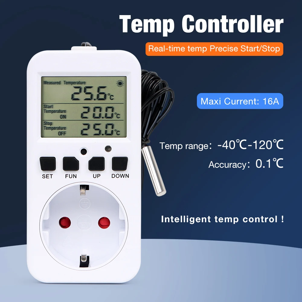 Controlador de temperatura Digital, enchufe de 16A, enchufe europeo, termostato, temporizador, sonda de detección, interruptor de calefacción y refrigeración, salida, alarma de temperatura
