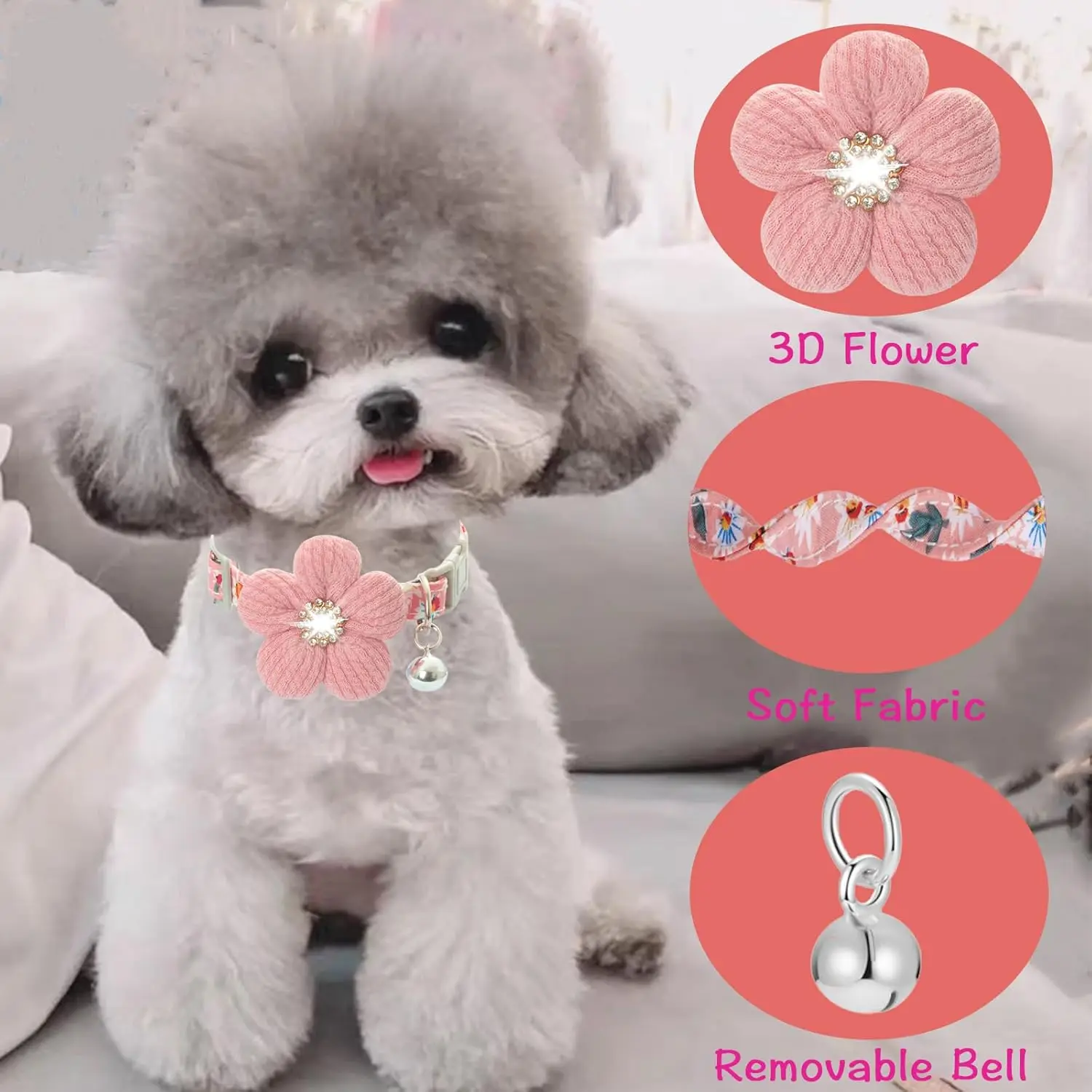 Collar para perro pequeño con flor, Collar para cachorro para niña, Collares para perros pequeños, Collar para perro lindo con campana, longitud ajustable