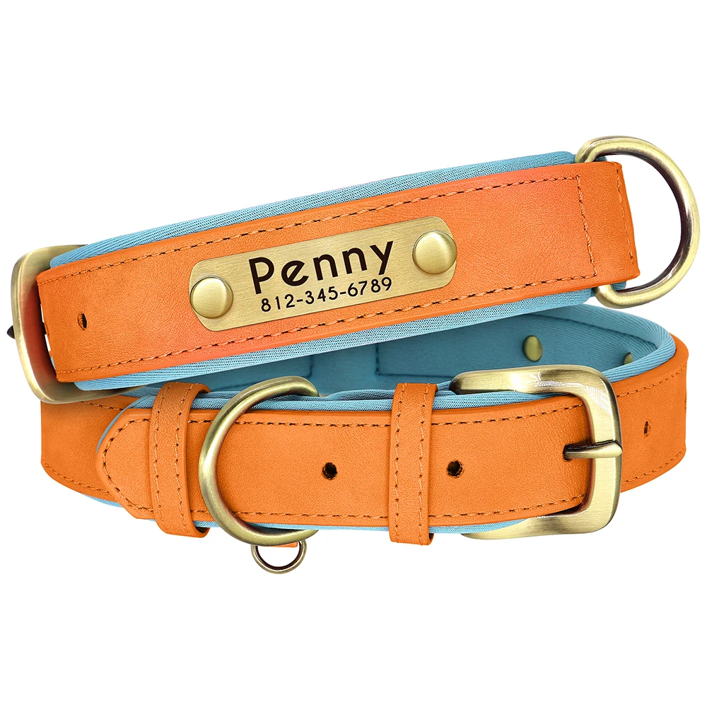 Collar de perro acolchado de cuero PU personalizado, placa de identificación personalizada, Collar para mascotas para perros pequeños y medianos, accesorios de collares duraderos - imagen 3