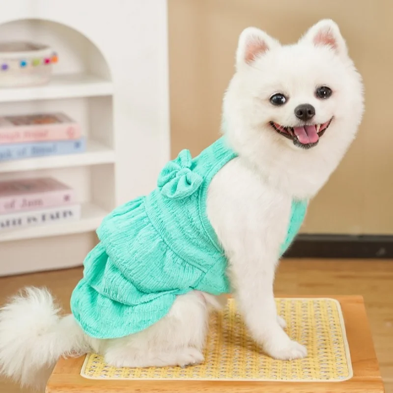 Vestido de verano para mascotas para perros pequeños, falda de princesa con lazo de lujo para mascotas, ropa bonita y sólida para cachorros, vestido con tirantes para gatos, ropa para perros Yorkshire - imagen 2