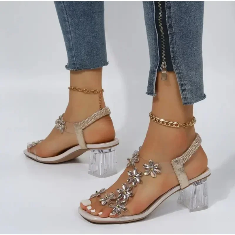 Sandalias de verano para mujer, decoración de flores de cristal de Pvc, tacón grueso, punta abierta, correa trasera, banda elástica, zapatos elegantes de moda para mujer - imagen 5