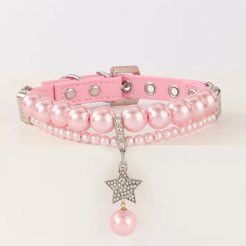 Bonito Collar de cuero Pu para perro y gato con colgante de perlas, Collar duradero de estilo princesa para perros y gatos, accesorios para caminar al aire libre para mascotas - imagen 2