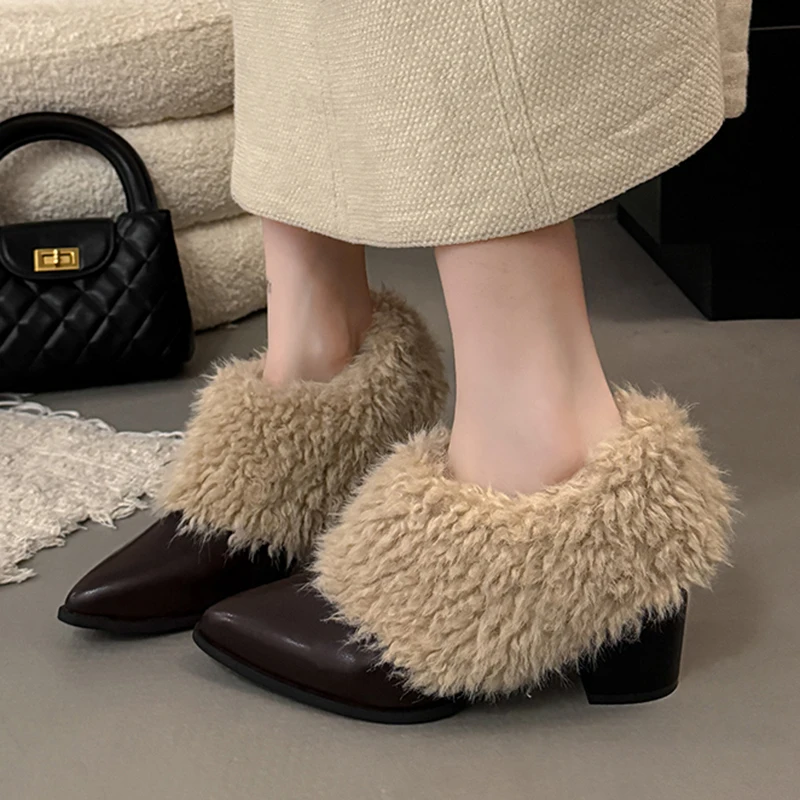 Warm Fluffy Fur Thick High Heel Pumps Women  Autumn Sexy Pointed Toe Furry Designer Ankle Boots Woman's Winter Short Boots