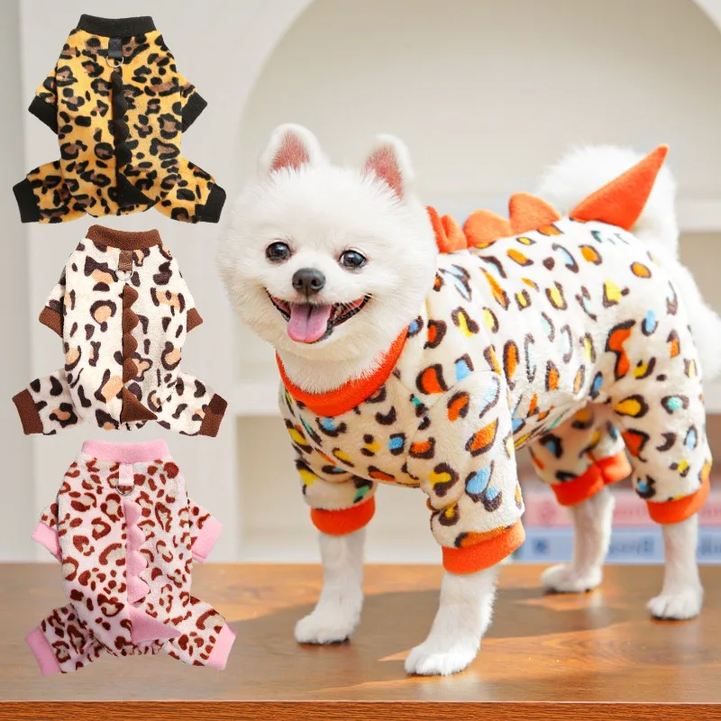 Ropa de franela de leopardo para perros, Cosplay de dinosaurio, monos de Chihuahua para gatos, Halloween, Navidad, Año Nuevo, ropa de invierno para cachorros
