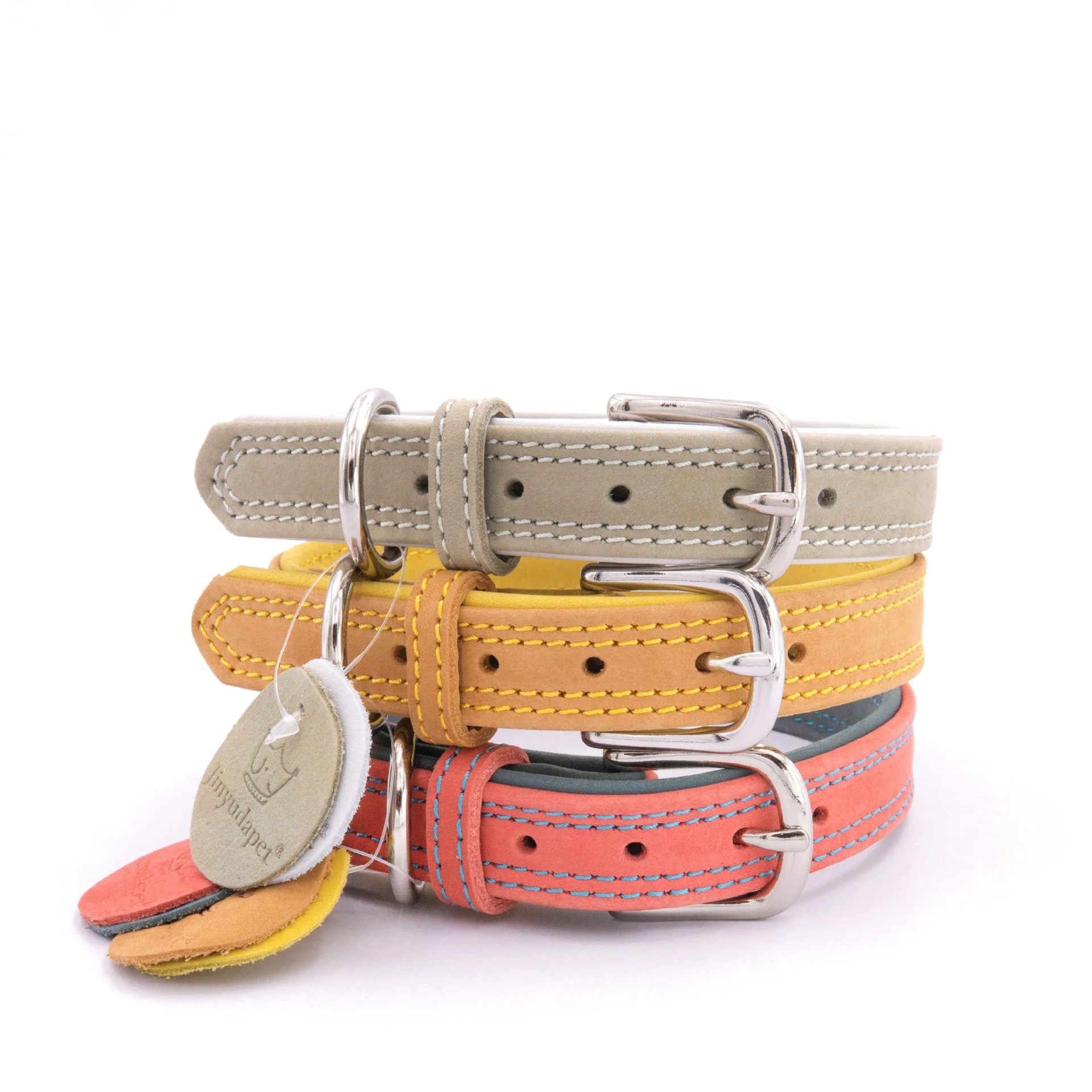 Collar de perro de piel de vaca amarilla de grano superior, Collar de mascota impermeable ajustable de cuero real, cables de perro a juego de dos tonos suaves de doble capa