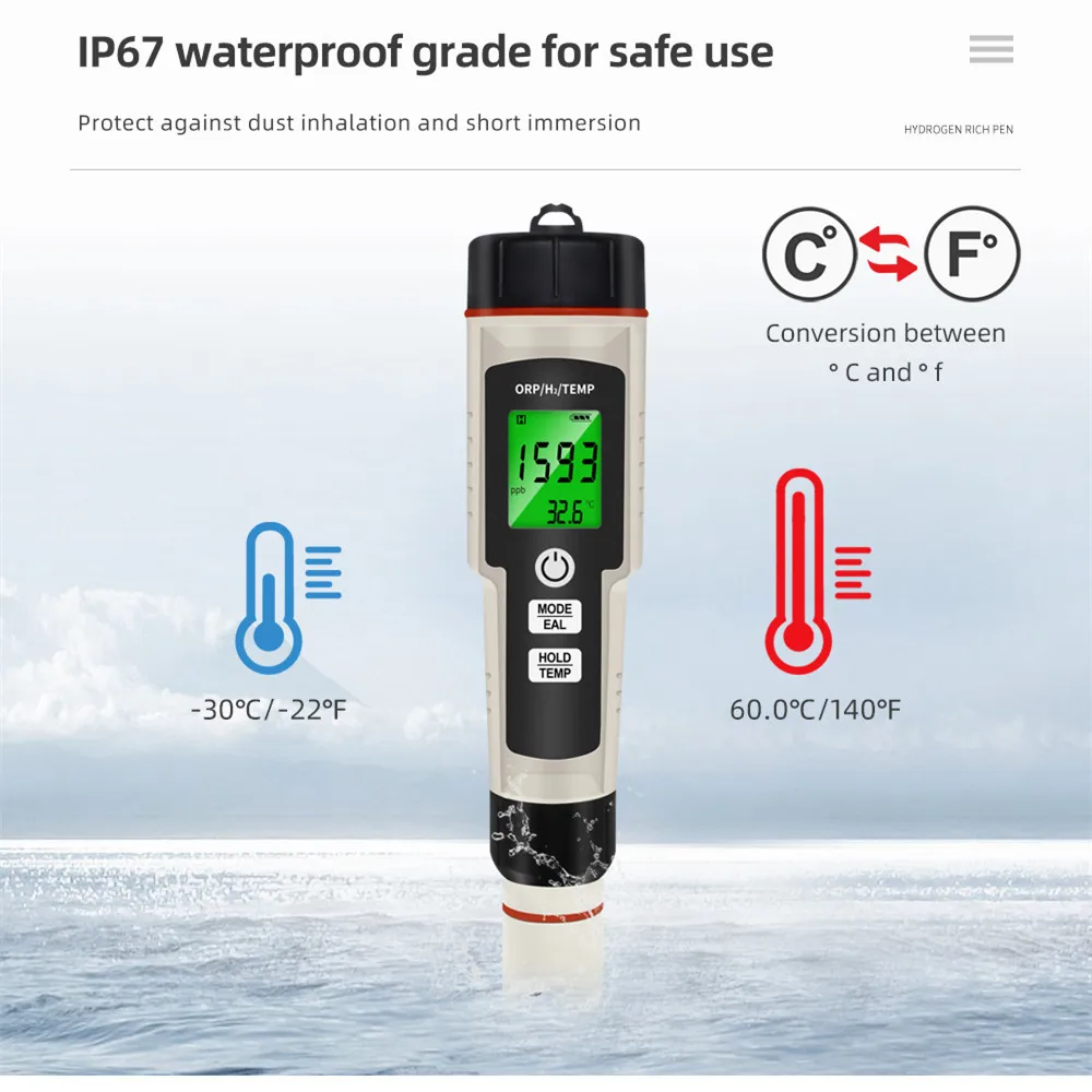 Medidor de PH 2/3/4 en 1, probador de temperatura ORP H2, alta precisión, 0,01 LCD, pluma de prueba de hidrógeno rico para piscina, acuario, hidroponía - imagen 5