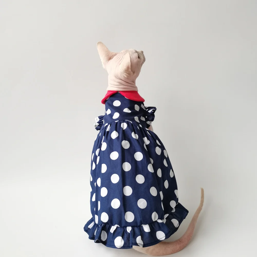 Vestido de princesa azul marino con cuello rojo fino de verano para gato esfinge Falda de lunares para Devon Camisa de tela fresca rizada para gata hembra - imagen 3