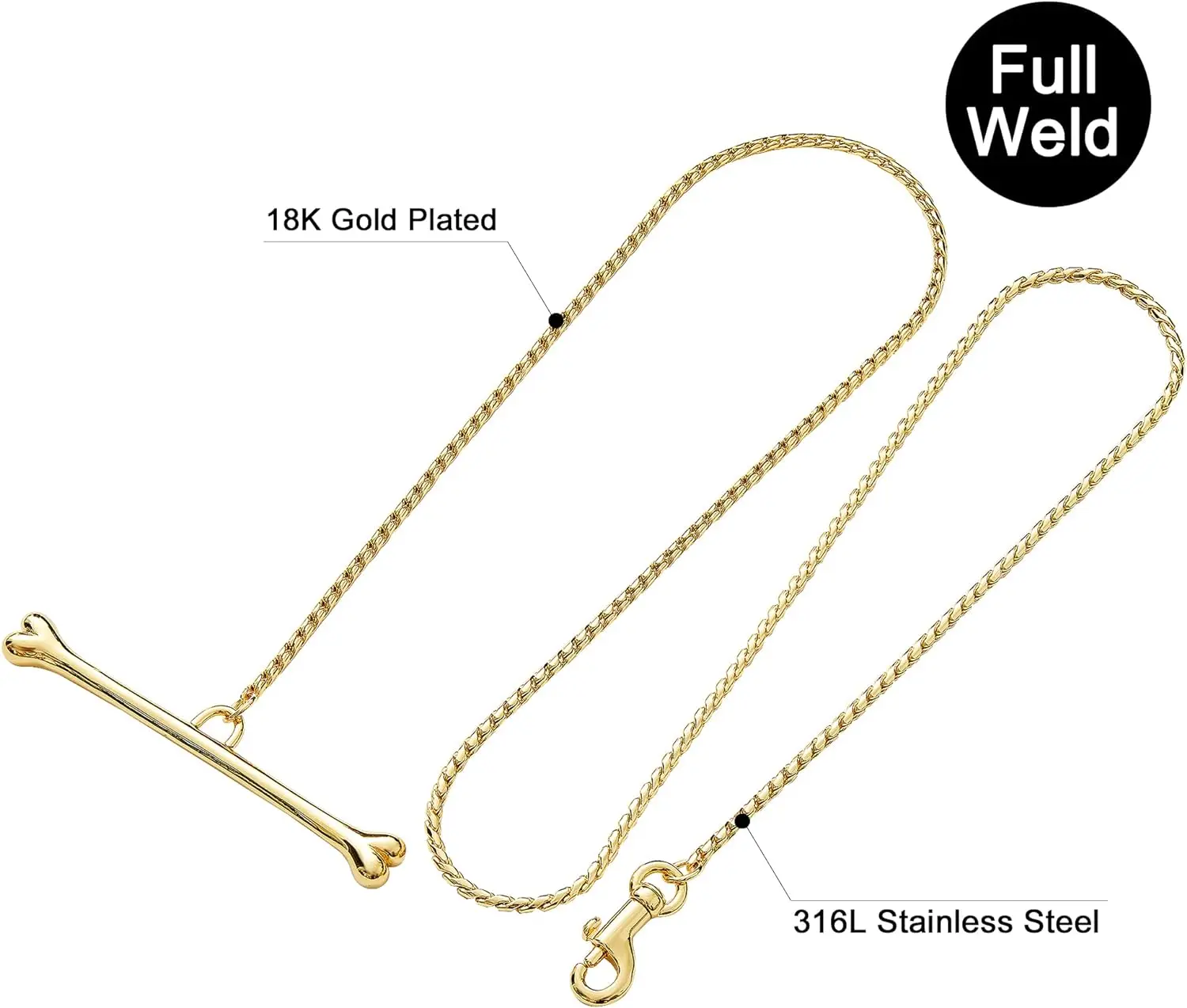 Correa para perro de cadena cubana de acero inoxidable, cadena de cuerda para perro de oro de 18 quilates a prueba de masticar fuerte de 3 pies con mango de hueso para perros pequeños, medianos y grandes - imagen 3