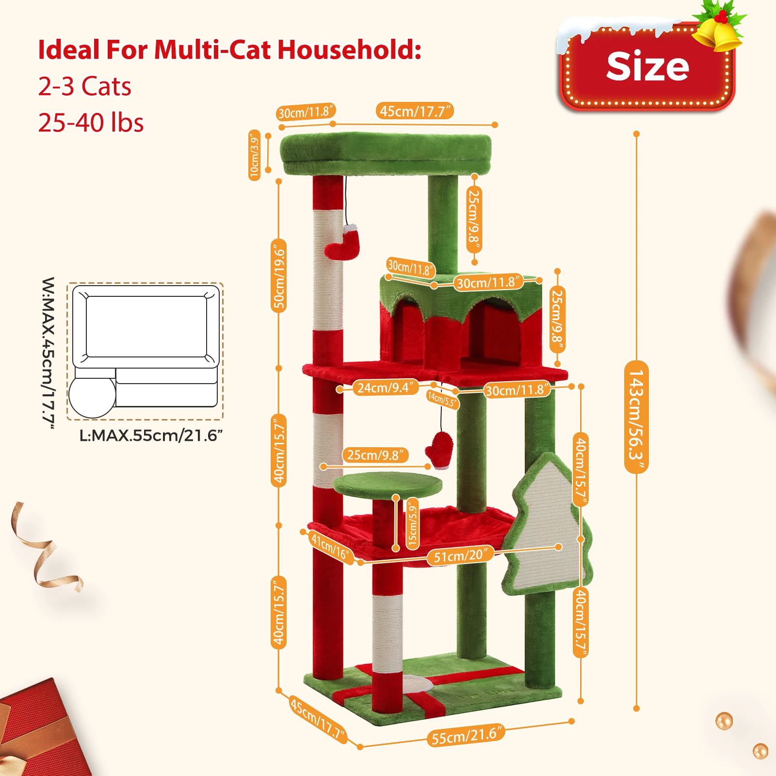 Torre de árbol para gatos navideña con decoración festiva, torre para gatos roja con hamaca espaciosa, 3 postes para rascar y 3 bolas de juguete navideños - imagen 2