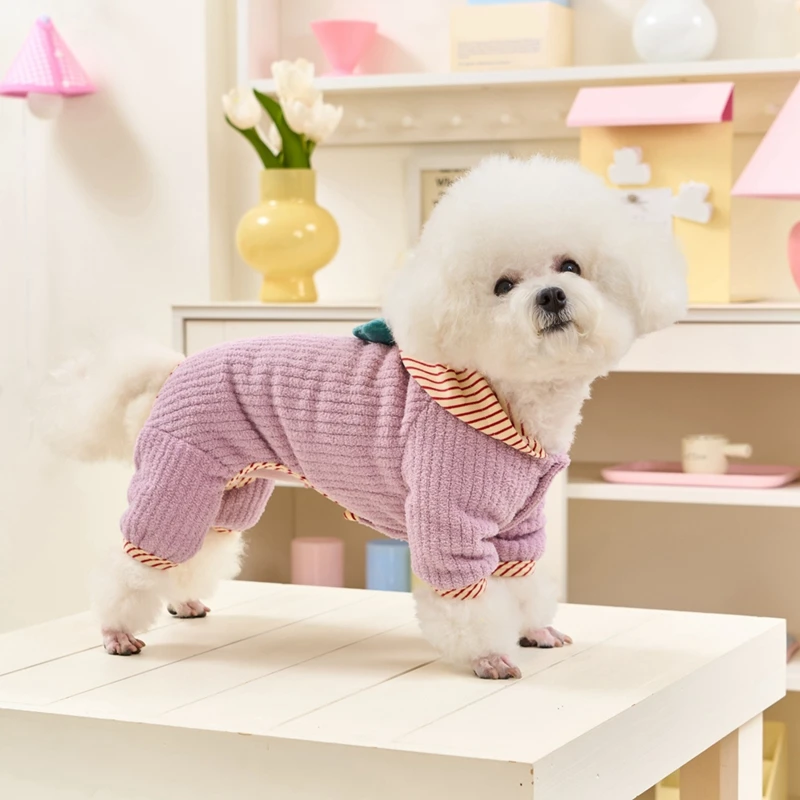 Lindo mono para perros con capucha a rayas, mono para mascotas con decoración de estrella H, ropa cálida de invierno para perros pequeños Yorkie Bichon - imagen 5