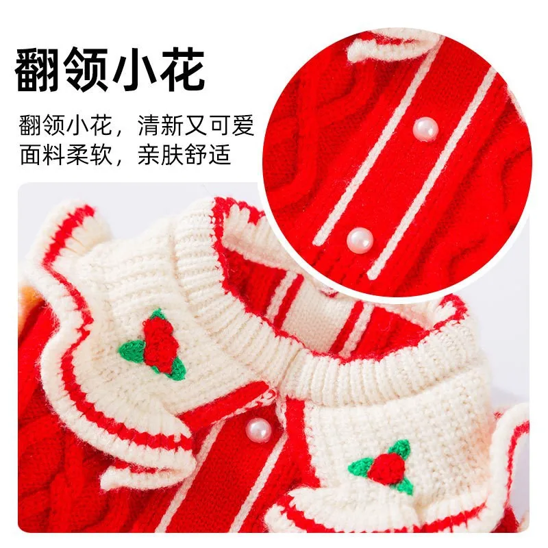 Pet Otoño/Invierno tejido princesa falda cuello pequeña flor bordado suéter Navidad/Año Nuevo abrigo para mascotas ropa para cachorros - imagen 4