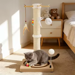 Rascador para gatos con estación de juegos y cuerda de sisal