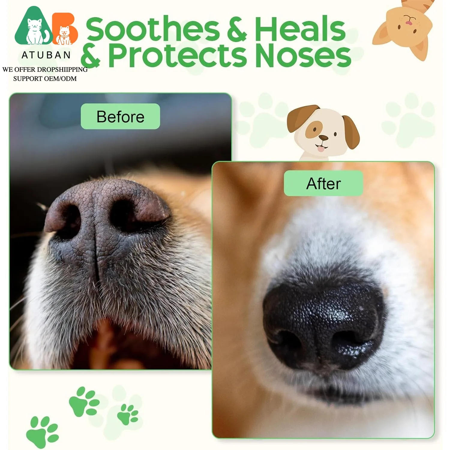 ATUBAN Bálsamo para patas de perro y bálsamo para la nariz, Protector totalmente natural para patas de perro y gato, chupete, aceite de coco orgánico para patas secas y agrietadas de perro, nariz