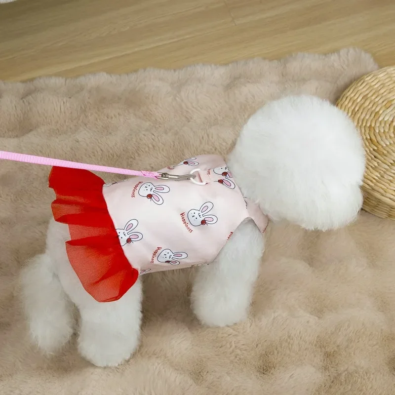Lindo conejo mascota Halter falda de malla novedad de verano ropa para perros Teddy conejo vestido estampado perro pequeño vestido de dibujos animados ropa para perros femeninos - imagen 4
