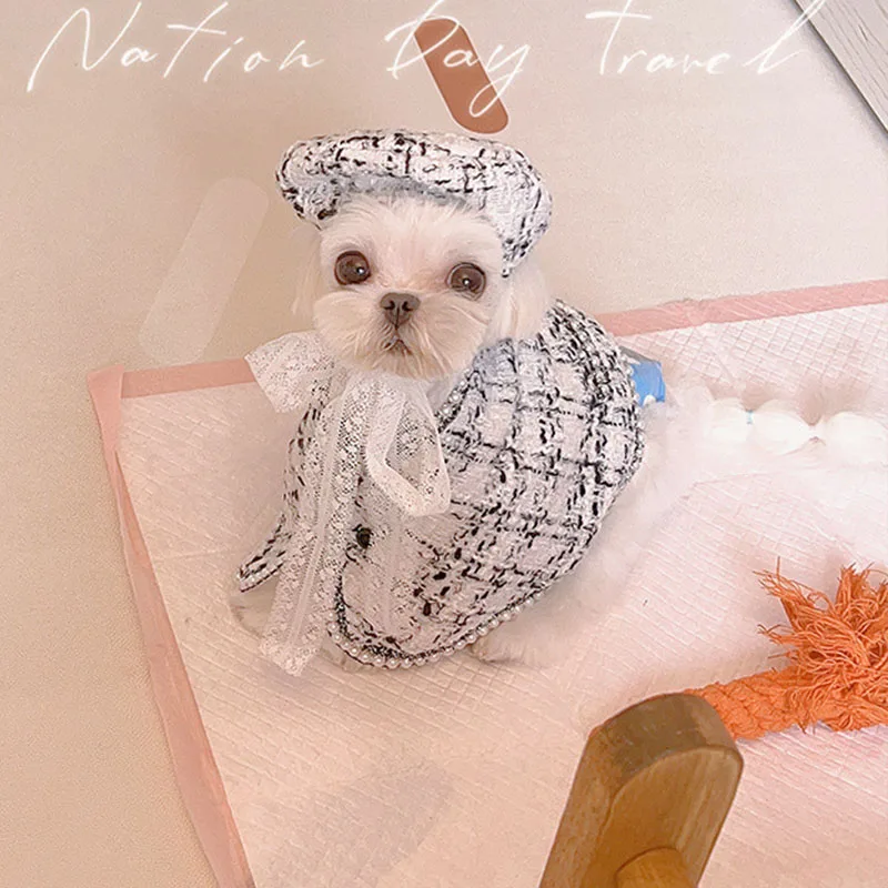 Chaqueta de invierno a cuadros para mascotas, abrigo de lujo para perros y gatos pequeños con sombrero de peluche, cortavientos para niña - imagen 3