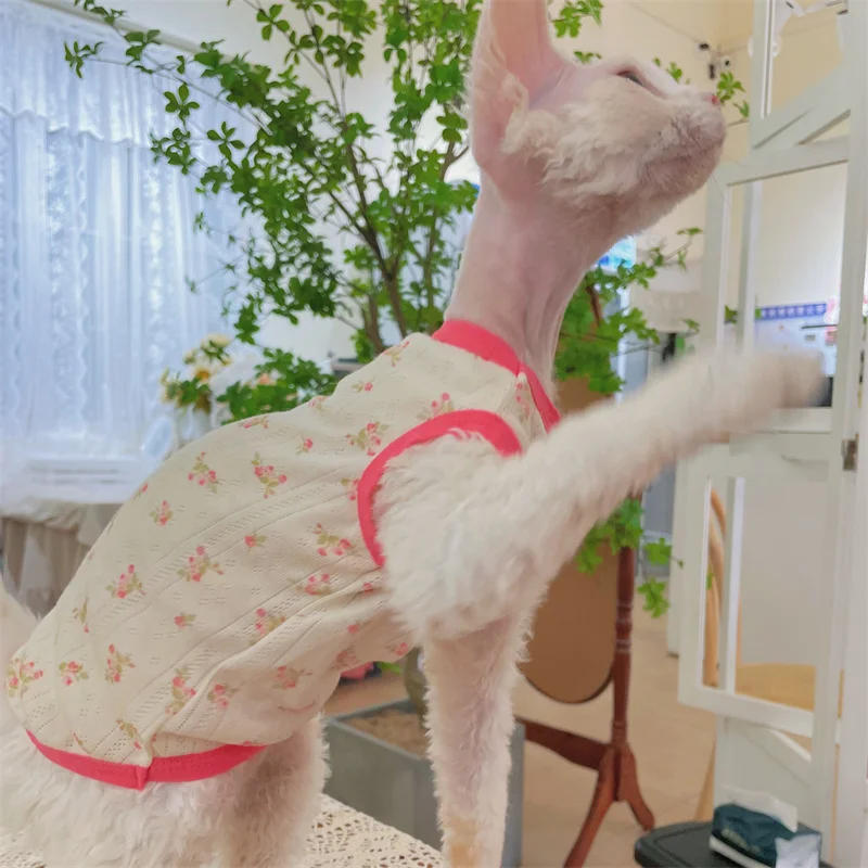 Camiseta de algodón de malla transpirable para gato sin pelo Chaleco de verano floral rojo dulce para ropa de estar por casa Sphynx Cat Devon Rex en primavera