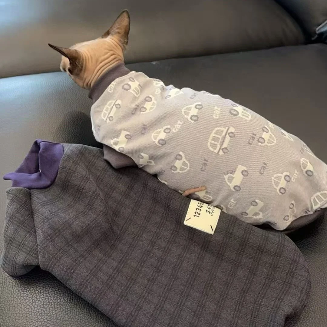 Camiseta de coches de dibujos animados para gato Sphynx, abrigo de algodón de verano de manga corta para Devon Rex, mono gris suave para gato sin pelo en primavera - imagen 5