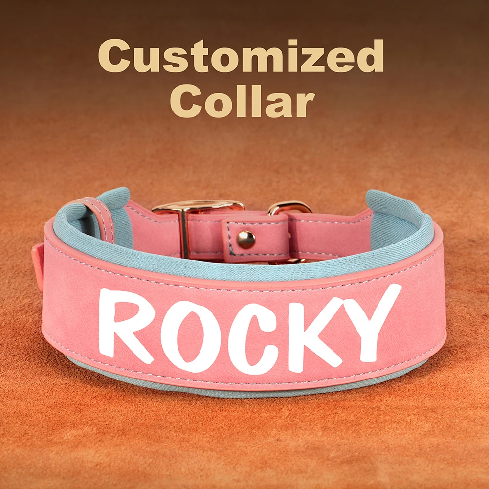 Collar de perro con estampado personalizado, collares anchos de cuero con nombre para perros, collares grandes y acolchados suaves para perros medianos y grandes, estampado gratuito rosa - imagen 3