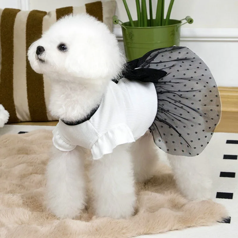 Ropa para perros, sudaderas con capucha para niños y niñas, vestido para perros pequeños Chiwawa Dachshund, camisa blanca con manga voladora, vestidos de tul negro para cachorros y gatos XS - imagen 3